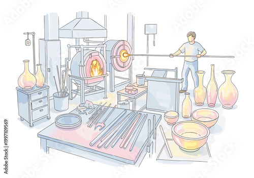 Glassblower working with molten glass in a hot furnace, creating artful vases