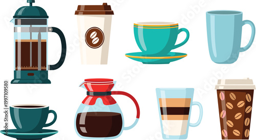 Coffee and Beverage Illustration Set Featuring French Press, Espresso Cups, Latte Glass, Takeaway Coffee and Mug Designs for Cafe and Drink Branding.