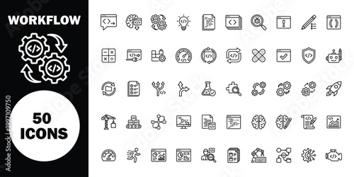 Workflow set, 50 black and white line on white and black background, line business