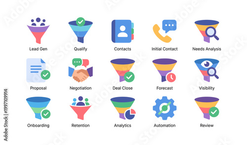 Sales funnel icons illustrating sales process stages on white