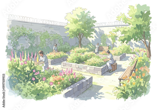 Women tending to a vibrant garden within a walled enclosure with barbed wire
