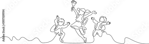 A minimalist line drawing of people running together in a fun and carefree outdoor setting