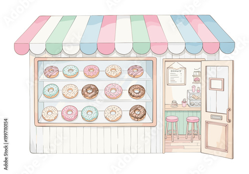 Charming donut shop with a colorful awning and display of sweet treats