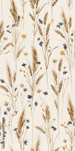A light botanical pattern combining grains and delicate blossoms in muted tones, perfect for packaging, textiles, and soft visual identities