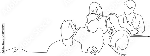 A minimalist line drawing of a group of people sitting together in a meeting or discussion