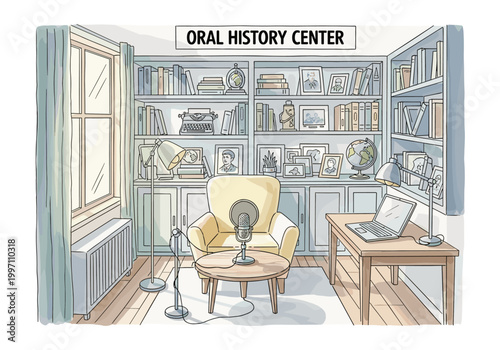 Cozy oral history center with armchair, microphone, and bookshelves