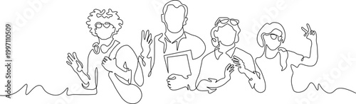 A minimalist line drawing of four people communicating with each other in a simple and modern style