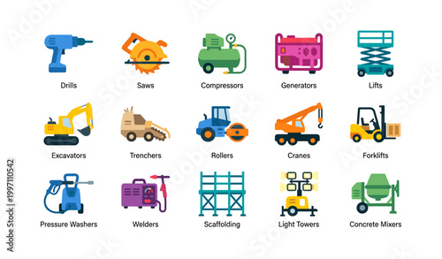 Construction and equipment icons showing tools on white background