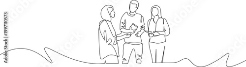 A minimalist line drawing of three people standing together in a simple landscape