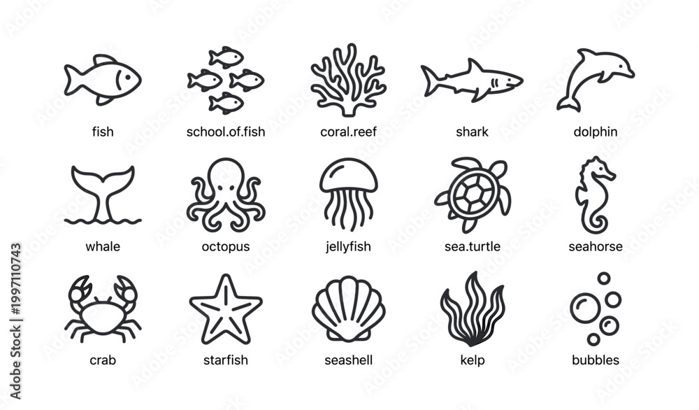 Fototapeta premium Marine life line icons arranged in labeled grid on white background