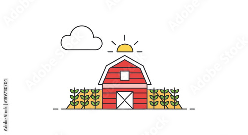 A red barn with a sun and cloud.
