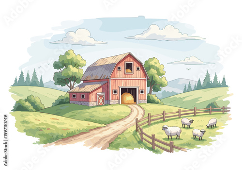 Charming red barn with sheep grazing in a lush green pasture under a cloudy sky