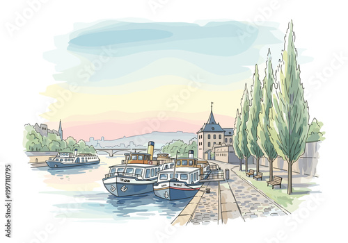 Charming riverfront scene with boats docked along a cobblestone promenade