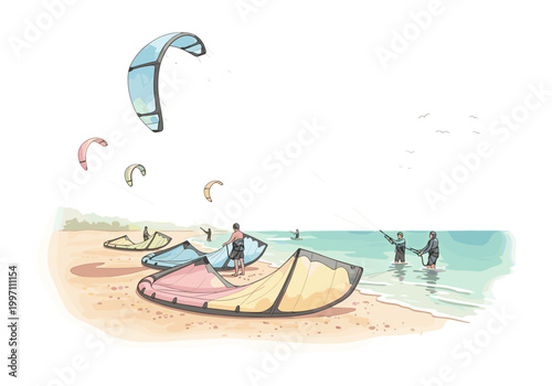 Kite surfers prepare for action on a sandy beach with colorful kites laid out