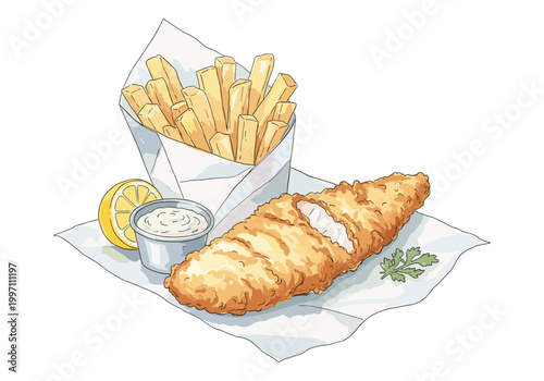Classic fish and chips served with tartar sauce and lemon wedge