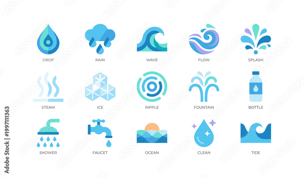 Fototapeta premium Water themed icons illustrating drops waves and hydration symbols