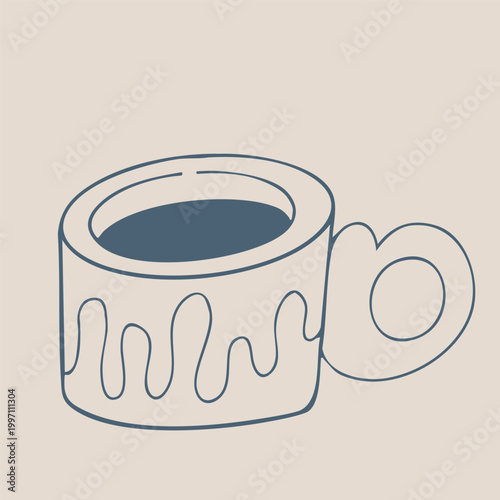 Hand drawn ceramic mug featuring a simple, fluid wavy line design. Minimalist organic drinkware illustration for wellness-themed branding and modern home interior graphics.