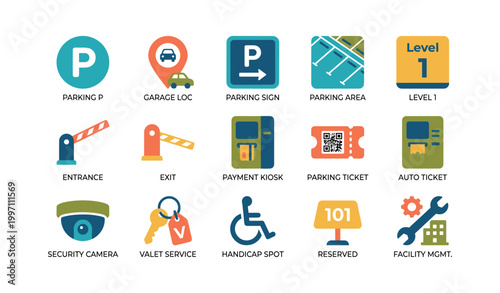 Parking icons showing spaces, kiosks and access controls on white