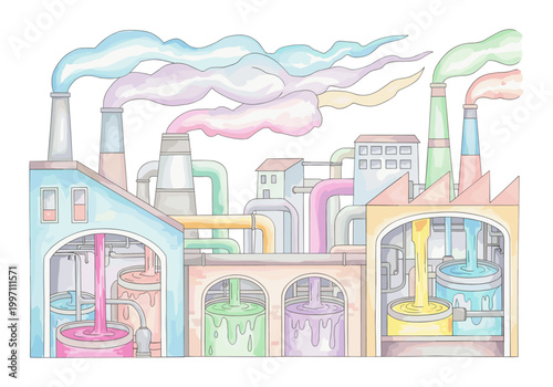 Colorful factory with smoking chimneys and liquid processing tanks