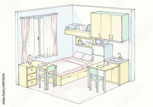 Cozy isometric studio apartment with bed, desk, and kitchenette area