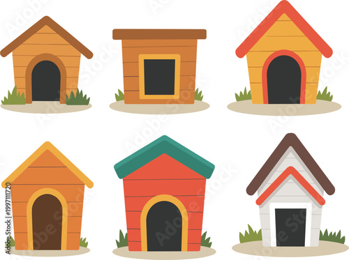 Dog house vector set cartoon pet shelters kennel homes illustration collection isolated design elements