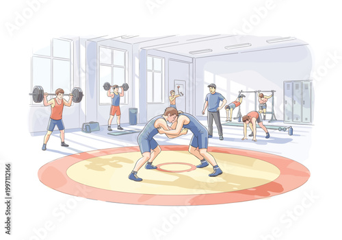 Wrestling team practices grappling and strength training in a gym setting