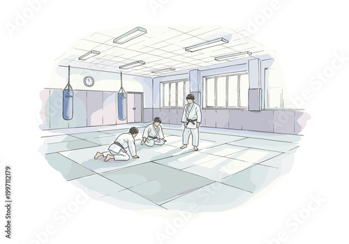Martial arts class in a dojo with students practicing on mats and punching bags