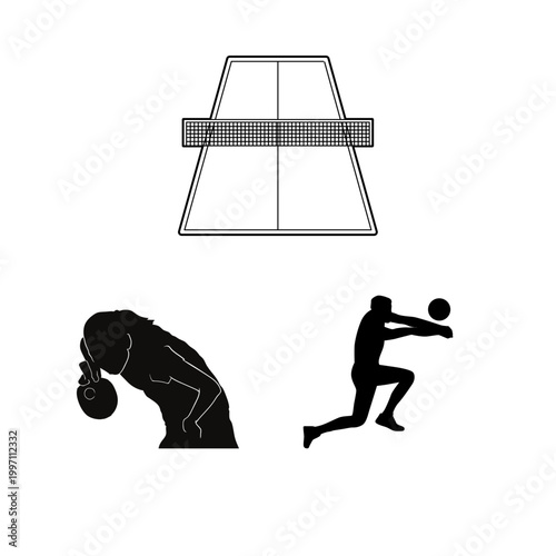 Table Tennis Table and Player Silhouette Collection Isolated on White Background