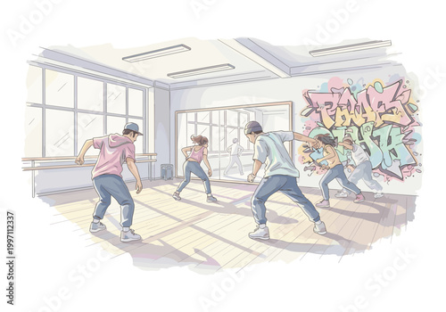 Diverse group of young people practicing hip hop dance moves in a studio