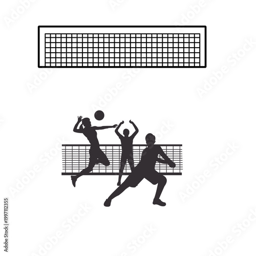 Volleyball Net and Player Silhouette Collection Isolated on White Background