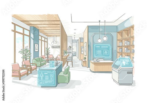 Modern futuristic reception area with digital displays and comfortable seating