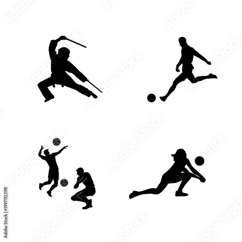 Soccer and Volleyball Player Action Silhouette Collection Isolated on White Background
