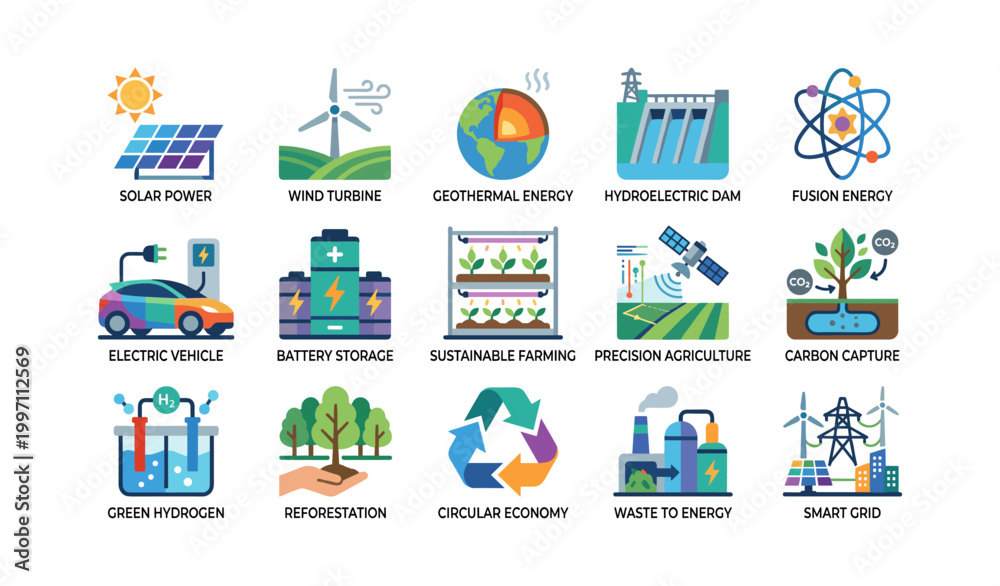 Fototapeta premium Renewable energy and sustainability icons arranged on white grid