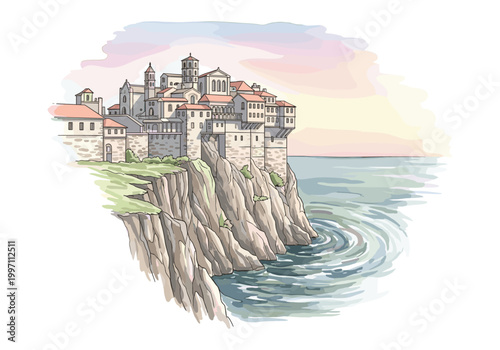 Ancient coastal town perched dramatically on steep cliffs overlooking the sea