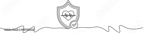 A stylized line drawing of a shield with a heart and medical symbol
