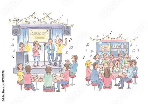 Friends enjoying a lively karaoke night with singing and drinks at a bar