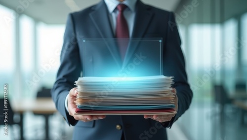 Profesional de negocios en una oficina moderna sosteniendo una carpeta digital transparente, con múltiples capas de documentos