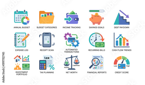 Finance and budgeting icons arranged on white background grid