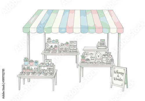 Charming market stall displaying handmade jewelry, plants, and ceramics for sale