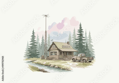 Rustic ranger station with vintage truck and radio tower in a forest setting