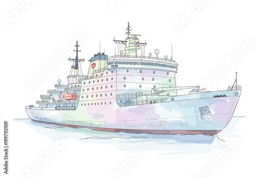 Illustration of a large, modern research vessel with a distinctive heart emblem on its superstructure