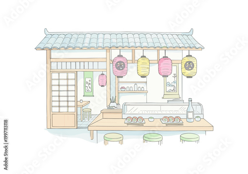Charming Japanese sushi restaurant interior with traditional lanterns and seating
