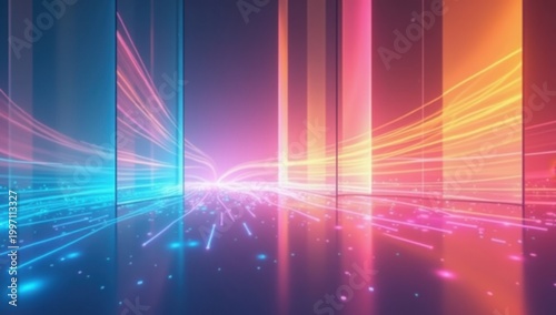 Interfaz radiante con coloridos paneles de vidrio y suaves estelas de luz, un concepto tecnológico optimista