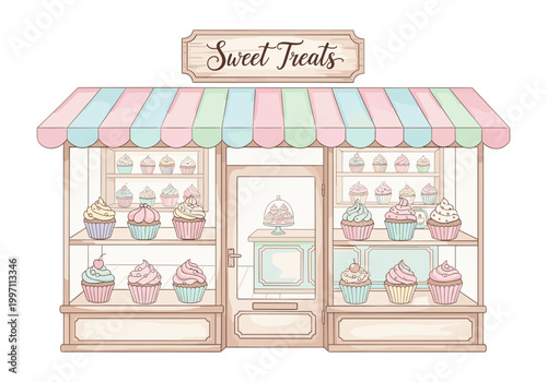Charming cupcake shop storefront with pastel awning and display shelves filled with treats