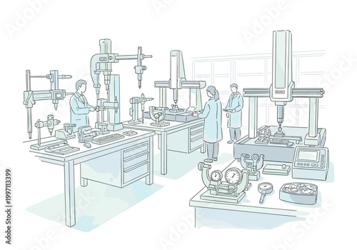 Precision measurement laboratory with CMM machines and technicians working