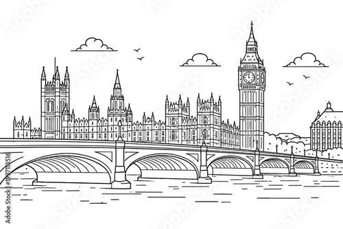 Linear Drawing of Westminster Palace with Big Ben and Westminster Bridge in London, England. Simple Flat Vector Illustration of Iconic Landmark for Coloring Book, Travel Poster, or Graphic Art.