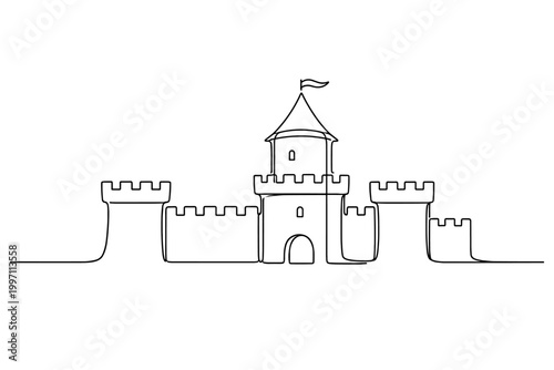 Continuous line drawing of a medieval castle fortress with fortified walls, battlements, and a central tower with a flag. Minimalist vector art of a royal palace stronghold for history and fantasy.