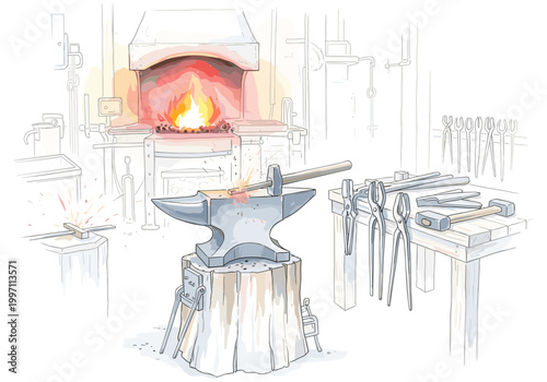 Blacksmith working at anvil with hammer and tongs in a fiery forge