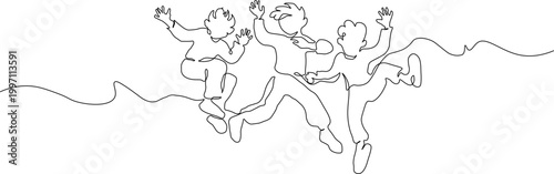 A minimalist line drawing of three children jumping and playing with a skipping rope in a carefree scene