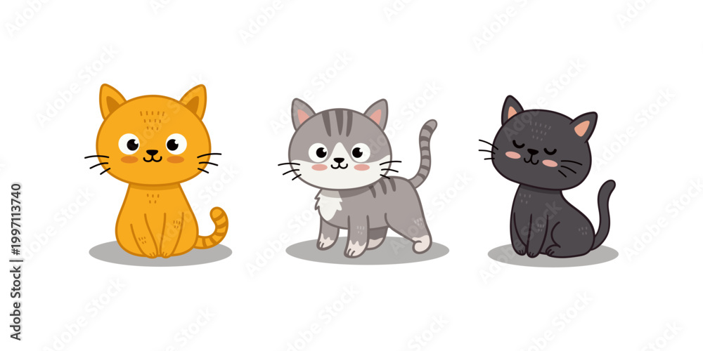 Fototapeta premium Set of funny cute cats in different poses in flat style. Cartoon kitten. Black, red, grey cat. Vector illustration
